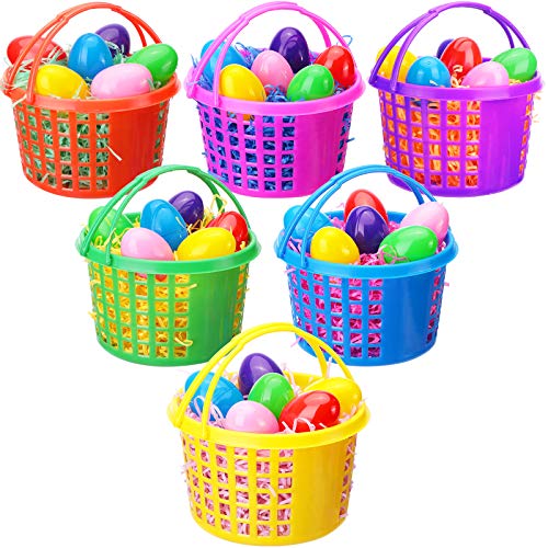 48 Piezas Juego de Cestas de Huevos de Pascua Incluye 6 Cestas de Plástico de Búsqueda Huevos de Pascua con Asa 36 Huevos de Plástico de Sorpresa Rellenables Coloridos 6 Papeles Tisú Rafia