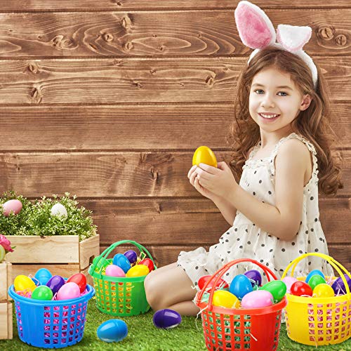 48 Piezas Juego de Cestas de Huevos de Pascua Incluye 6 Cestas de Plástico de Búsqueda Huevos de Pascua con Asa 36 Huevos de Plástico de Sorpresa Rellenables Coloridos 6 Papeles Tisú Rafia