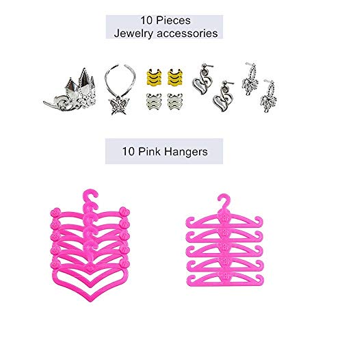 50PCS Ropa Zapatos y Accesorios para Muñeca con 10 Mini Vestidos de Moda, 10 Zapatos de París, 10 Perchas y 10 Joyas Pendientes Collar Accesorios para Muñecas de Juguete Niñas Regalo de Cumpleaños