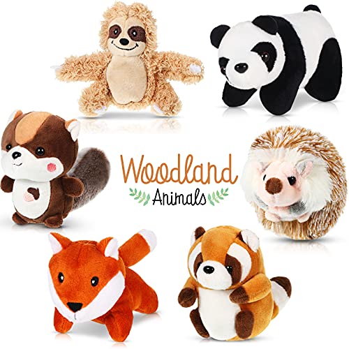 6 Juguetes de Peluche de Animal de Selva Set de Animal de Peluche de Bosque Animal de Panda, Mapache Pequeño, Perezoso, Ardilla de Cola Grande, Zorro, Erizo para Favor de Fiesta de Safari