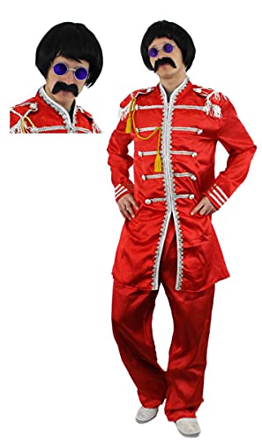 60'S POP SOLDIER FANCY DRESS COSTUME WITH BLACK WIG, TASH AND CIRCLE GLASSES. SUIT IN RED, PINK, BLUE OR GREEN SERGEANT PEPPER STYLE SGT PEPPER 1960S HIPPY IN SMALL - XLARGE EXCLUSIVE TO ILOVEFANCYDRESS