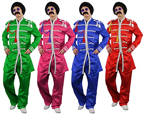 60'S POP SOLDIER FANCY DRESS COSTUME WITH BLACK WIG, TASH AND CIRCLE GLASSES. SUIT IN RED, PINK, BLUE OR GREEN SERGEANT PEPPER STYLE SGT PEPPER 1960S HIPPY IN SMALL - XLARGE EXCLUSIVE TO ILOVEFANCYDRESS