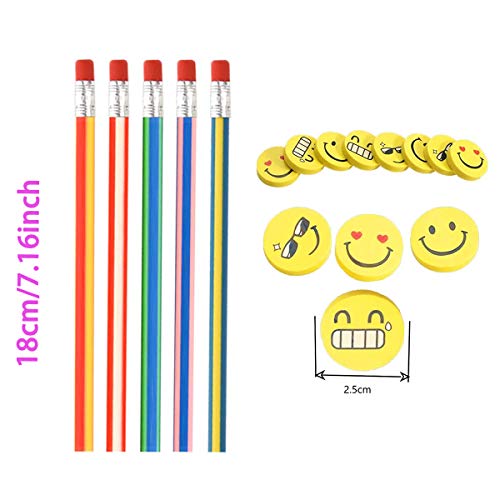 71 piezas Kids Party Bag Set de relleno, Annhao suave flexible Bendy lápices y Emoji Smile Erasers Magic Bend Toys School Fun equipo de papelería Favor suministros, Regalos para Fiestas Infantiles