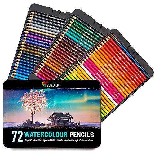 72 Lapices Acuarelables Zenacolor con Pincel y Maletin de Metal Zenacolor - Kit de Lápices de Colores - 72 Colores Únicos - Coloreado para Adultos, Artistas Principiantes y Expertos