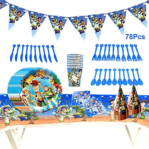 78pcs Set de Vajilla de Fiesta Toy Story 4, Toy Story para Decoraciones Para Fiestas de Cumpleaños, Juego de Cubiertos Incluye Pancarta Platos Cubiertos Servilletas Mantel para Fiesta