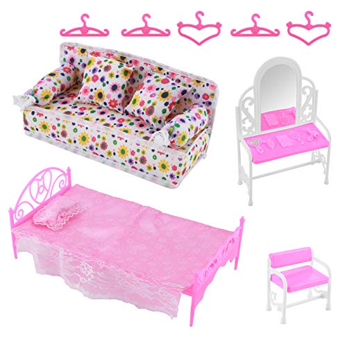 8 Piezas De Accesorios De Muebles Juego De Juguetes para Niños, Muebles De Princesa Barbie 1 Juego De Tocador Juego De Sofá Juego De Cama 5 Perchas para Bebés Cumpleaños Festival De Navidad