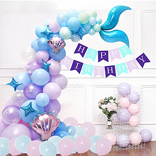 99 piezas de guirnalda de globos de látex de sirena, cola de sirena con globo de aluminio para decoración de fiesta de cumpleaños de sirena bajo el mar (azul)…