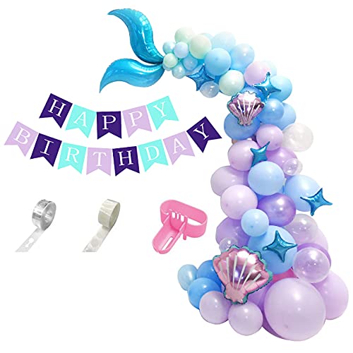 99 piezas de guirnalda de globos de látex de sirena, cola de sirena con globo de aluminio para decoración de fiesta de cumpleaños de sirena bajo el mar (azul)…