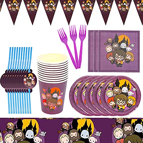 Accesorio de Decoración de Fiesta de Cumpleaño HANEL-62pcs Harry Potter Vajilla Contiene Platos Tazas Manteles Servilletas Tenedores banderín para Niños Niñas Decoración de Fiesta