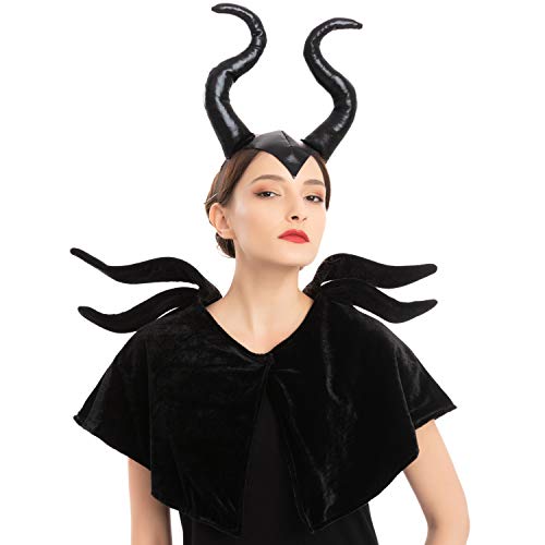 Accesorios Set Disfraz de Maléfica Reina Mala, Diadema de Cuernos Maléficos y Chal Disfraz Gótico para Halloween Cosplay