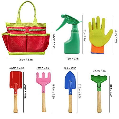 AGAKY Herramientas de Jardín para Niños, Kit Jardineria Niños 7 Piezas con Bolsa de Herramientas, Regadera, Paleta de Mano, Pala de Mano, Rastrillo de Mano, Tenedor de malezas, Guantes Jardinería