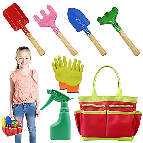 AGAKY Herramientas de Jardín para Niños, Kit Jardineria Niños 7 Piezas con Bolsa de Herramientas, Regadera, Paleta de Mano, Pala de Mano, Rastrillo de Mano, Tenedor de malezas, Guantes Jardinería