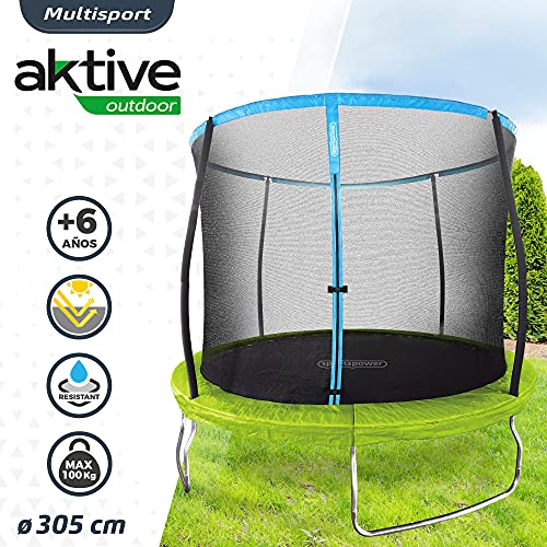 Aktive 54084 - Cama elástica infantil exterior, Colchoneta para niños para saltar, medidas 305x250 cm, peso máx 100 kg, +6 años, con red de seguridad, certificación CE, Aktive Sports