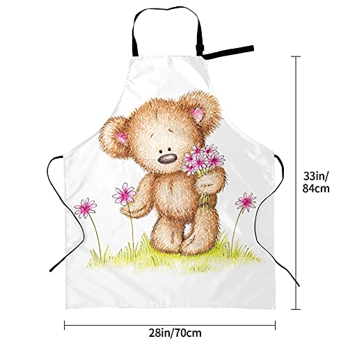 ALALAL Lindo oso de peluche dibujado flores niñas delantales lindo oso de peluche dibujado flores lazo ajustable con bolsillos para adultos