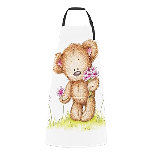 ALALAL Lindo oso de peluche dibujado flores niñas delantales lindo oso de peluche dibujado flores lazo ajustable con bolsillos para adultos