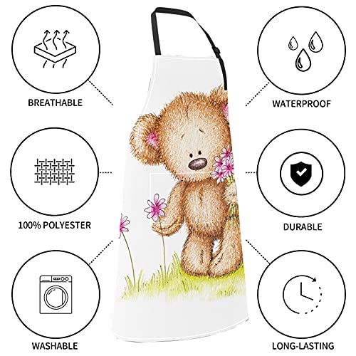 ALALAL Lindo oso de peluche dibujado flores niñas delantales lindo oso de peluche dibujado flores lazo ajustable con bolsillos para adultos