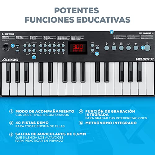 Alesis Melody 32 con auriculares Numark HF125 – teclado electrónico, mini piano digital portátil de 32 teclas con altavoces integrados + auriculares ultraportátiles con cable de 1,8 m