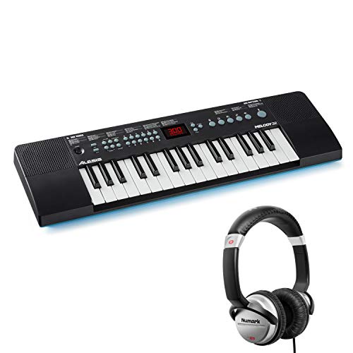 Alesis Melody 32 con auriculares Numark HF125 – teclado electrónico, mini piano digital portátil de 32 teclas con altavoces integrados + auriculares ultraportátiles con cable de 1,8 m