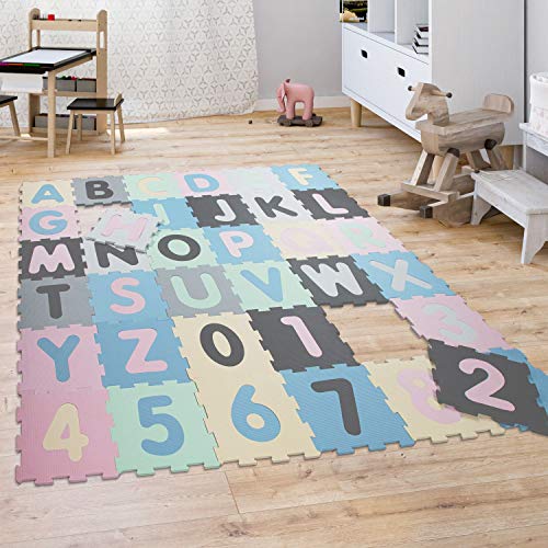 Alfombra Puzle Espuma Bebé Niños Niñas Números Letras Pastel 36 Piezas, tamaño:32x32 cm x 36 uds, Color:Multicolor