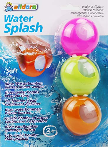 alldoro- Water Splash, 3 bombas de agua reutilizables, rellenables infinitamente, reventan cada vez más, 3 bolas de colores surtidos. (Manfred Roser 60206)