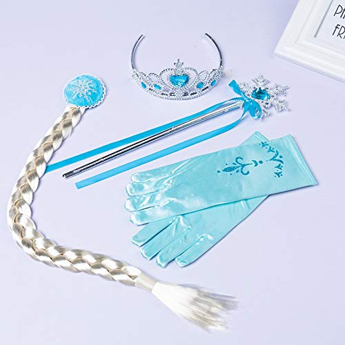 Amaoma 4 Piezas Disfraz Elsa Frozen Accesorios Conjunto Accesorios de Princesa del Hielo Elsa Corona Varita Mágica Trenza y Guantes, Disfraz Blancanieves Niña Princesa Vestir Accesorios (Azul)