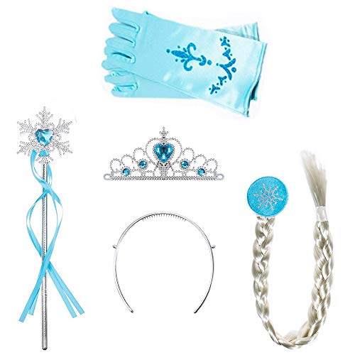 Amaoma 4 Piezas Disfraz Elsa Frozen Accesorios Conjunto Accesorios de Princesa del Hielo Elsa Corona Varita Mágica Trenza y Guantes, Disfraz Blancanieves Niña Princesa Vestir Accesorios (Azul)