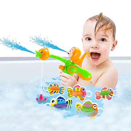 Amazon Brand - Eono Juguetes Bañera para Bebé, Juego Pescar Peces, con Goma Flotante de Baño y Pistola de Agua, 8 Piezas