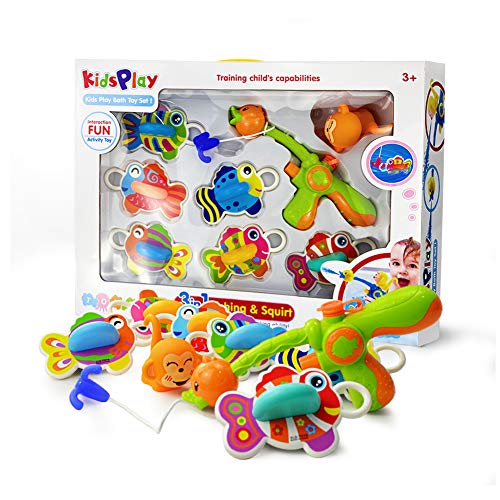 Amazon Brand - Eono Juguetes Bañera para Bebé, Juego Pescar Peces, con Goma Flotante de Baño y Pistola de Agua, 8 Piezas