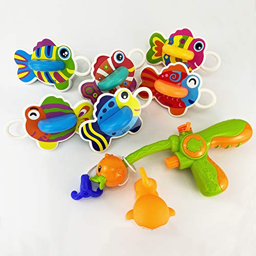 Amazon Brand - Eono Juguetes Bañera para Bebé, Juego Pescar Peces, con Goma Flotante de Baño y Pistola de Agua, 8 Piezas