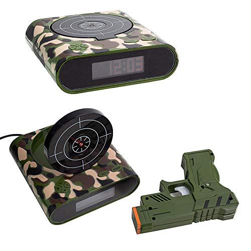 Amecty Novelty Target Alarm Clock, Reloj Despertador de Disparo por inducción infrarroja con Pistola, para niños y Adultos, Juguete de Regalo (Camuflaje)