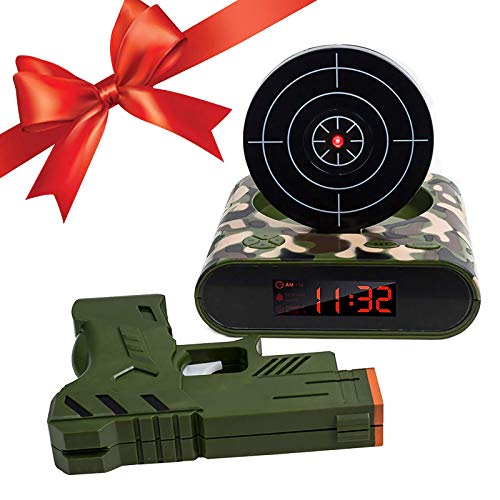 Amecty Novelty Target Alarm Clock, Reloj Despertador de Disparo por inducción infrarroja con Pistola, para niños y Adultos, Juguete de Regalo (Camuflaje)