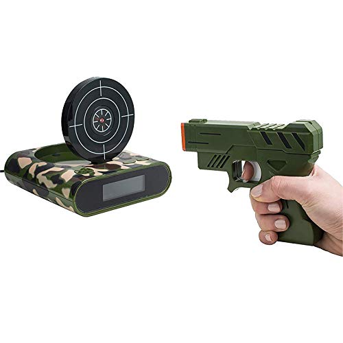 Amecty Novelty Target Alarm Clock, Reloj Despertador de Disparo por inducción infrarroja con Pistola, para niños y Adultos, Juguete de Regalo (Camuflaje)