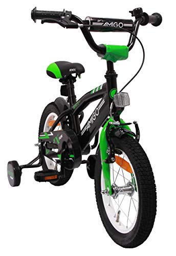 Amigo BMX Fun - Bicicleta Infantil de 14 Pulgadas - para niños de 3 a 4 años - con V-Brake, Freno de Retroceso, Timbre y ruedines - Negro/Verde