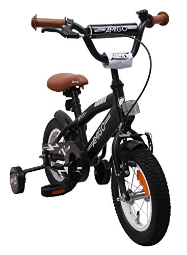 Amigo BMX Fun - Bicicleta Infantil de 16 Pulgadas - para niños de 4 a 6 años - con V-Brake, Freno de Retroceso, Timbre y ruedines - Negro Mate