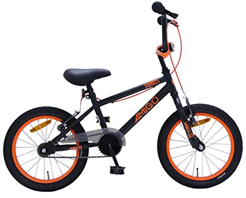 Amigo Danger – Bicicleta infantil para niños – 16 pulgadas – con frenos de mano y manillar acolchado – Bicicleta BMX – a partir de 4 – 6 años – negro/naranja