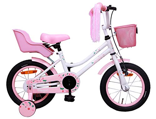 Amigo Magic - Bicicleta Infantil de 14 Pulgadas - para niñas de 3 a 4 años - con V-Brake, Freno de Retroceso, Cesta, Asiento para muñecas, Timbre y ruedines - Blanco