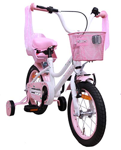 Amigo Magic - Bicicleta Infantil de 14 Pulgadas - para niñas de 3 a 4 años - con V-Brake, Freno de Retroceso, Cesta, Asiento para muñecas, Timbre y ruedines - Blanco