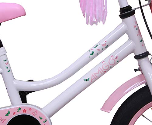 Amigo Magic - Bicicleta Infantil de 14 Pulgadas - para niñas de 3 a 4 años - con V-Brake, Freno de Retroceso, Cesta, Asiento para muñecas, Timbre y ruedines - Blanco