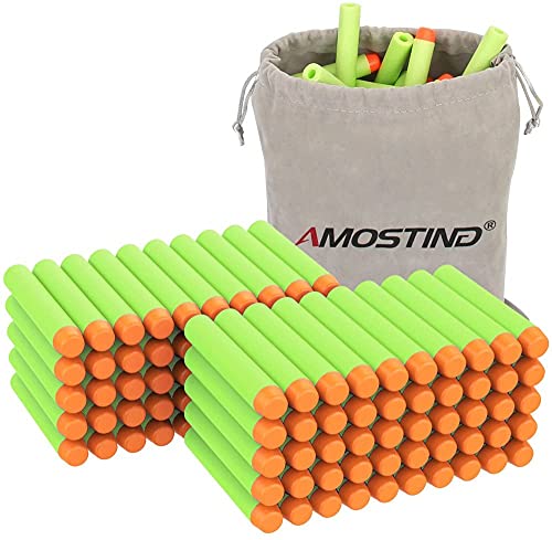 AMOSTING 100 Dardos para Nerf Pistola, 7,2 cm Verde Balas de Goma Munición de Espuma Recarga Balas para la Serie N-Zombie Elite Fortnite Strike Blasters con Bolsa de Juguete