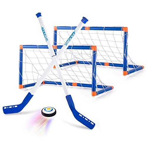 AMOYEE Hover Hockey Set Toys, Hovering Hockey Game con 2 Objetivos y Luces LED, Regalos de fútbol aéreo de Interior para 3 4 5 6 7 8 9 años Niños