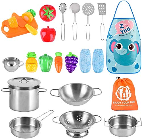 AMOYEE Juguetes de Cocina para niños, 25 Piezas Juguetes de Chef para Niños, Utensilios de Cocina de Acero Inoxidable, Manga, Vegetales para Cortar, Apto para niños Mayores de 3 años