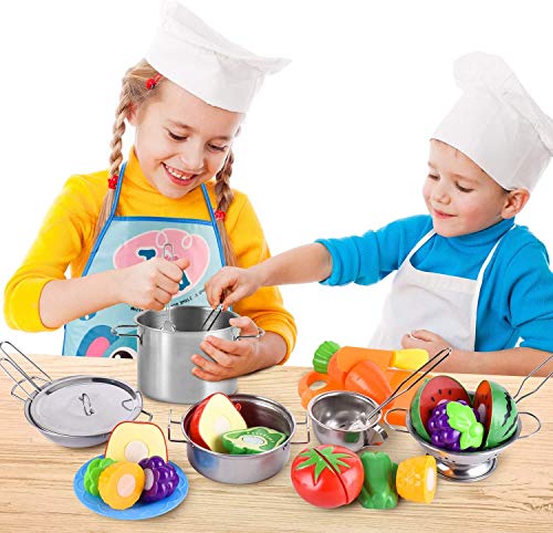 AMOYEE Juguetes de Cocina para niños, 25 Piezas Juguetes de Chef para Niños, Utensilios de Cocina de Acero Inoxidable, Manga, Vegetales para Cortar, Apto para niños Mayores de 3 años