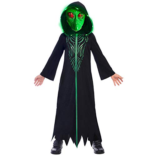 amscan-Hooded Robe Alien Costume with Green Mask-Age Years-1 PC Disfraz de alienígena con Capucha y máscara Verde, Edad 8-10 años, 1 Unidad, Color Negro, (9905041)