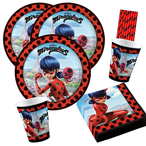 Amscan/Hobbyfun Set de fiesta de 44 piezas de Miraculous Ladybug, platos, vasos, servilletas y pajitas para 8 niños