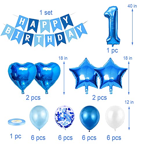 Amycute 1er Decoraciones de Cumpleaños Globos, Feliz Cumpleaños Globos 1 Años Azul, Globos Número 1 Digitales Gigante del Papel de Aluminio, Globos de Confeti de Latex para Fiestas Niños