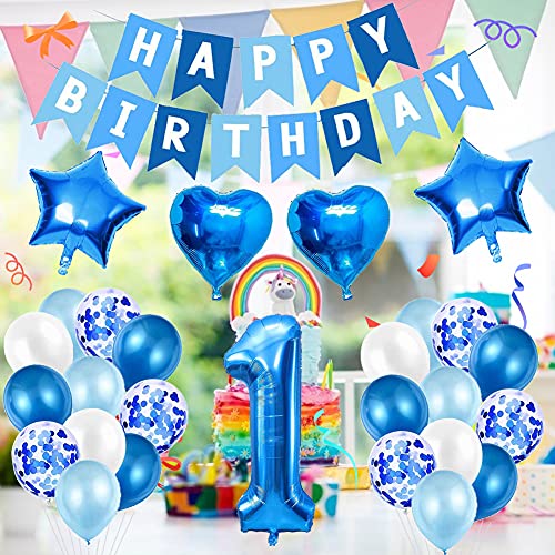 Amycute 1er Decoraciones de Cumpleaños Globos, Feliz Cumpleaños Globos 1 Años Azul, Globos Número 1 Digitales Gigante del Papel de Aluminio, Globos de Confeti de Latex para Fiestas Niños