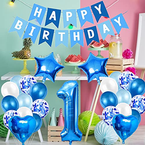 Amycute 1er Decoraciones de Cumpleaños Globos, Feliz Cumpleaños Globos 1 Años Azul, Globos Número 1 Digitales Gigante del Papel de Aluminio, Globos de Confeti de Latex para Fiestas Niños