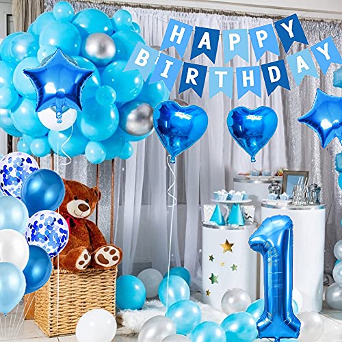 Amycute 1er Decoraciones de Cumpleaños Globos, Feliz Cumpleaños Globos 1 Años Azul, Globos Número 1 Digitales Gigante del Papel de Aluminio, Globos de Confeti de Latex para Fiestas Niños