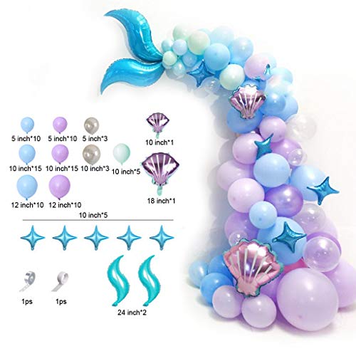 Amycute 87 pcs Sirena Globo Morado Azul de Látex de Colores Globo de Papel de Aluminio Sirena de Cola para Temas del Bajo el Mar Niñas Cumpleaños Baby Shower Bodas Decoración