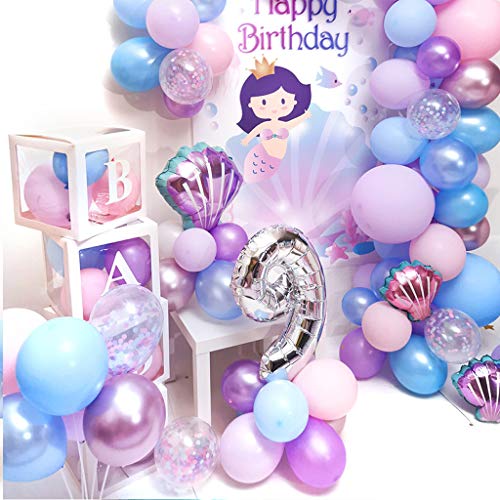 Amycute 87 pcs Sirena Globo Morado Azul de Látex de Colores Globo de Papel de Aluminio Sirena de Cola para Temas del Bajo el Mar Niñas Cumpleaños Baby Shower Bodas Decoración